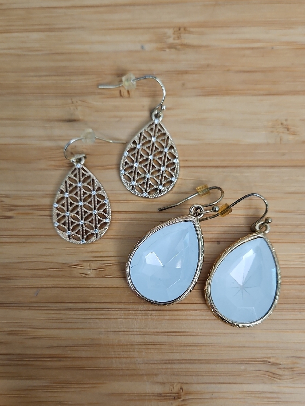 Set Of 2 - Gold Teardrop White Gemstone Dangle Earrings